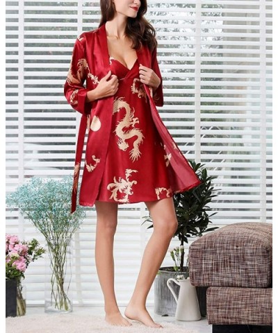 Womens & Mens Bathrobes 2pcs Sleepwear Sets Couples Silk Forged Robe - Womens Red - CX19706IQEG $50.08 Robes