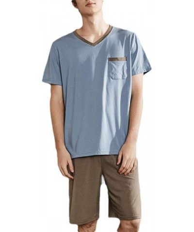 Men V-Neck Pajamas Shorts Set Summer Sleepwear Cotton Short Sleeve Lounge PJ Set - 2 - C2198HCE2TI $53.11 Sleep Sets