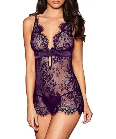 Women Lingerie Sexy Set Sexy Lingerie Floral Eyelash Lace Babydoll Nightwear Chemise Teddy Underwear Plus Size - 4-purple - C...