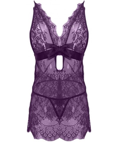 Women Lingerie Sexy Set Sexy Lingerie Floral Eyelash Lace Babydoll Nightwear Chemise Teddy Underwear Plus Size - 4-purple - C...