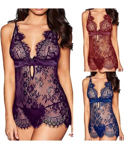 Women Lingerie Sexy Set Sexy Lingerie Floral Eyelash Lace Babydoll Nightwear Chemise Teddy Underwear Plus Size - 4-purple - C...