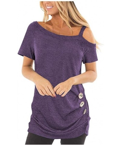 Womens Cold Shoulder Blouse Summer Short Sleeve Side Button Tunic Loose Top T-Shirts - Purple - C1197IA4OI7 $24.40 Thermal Un...