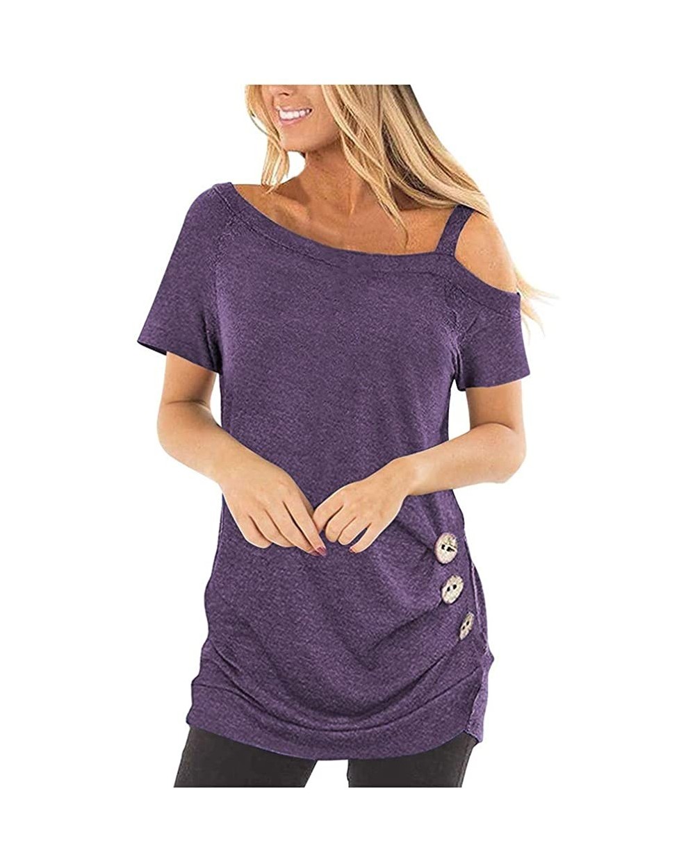 Womens Cold Shoulder Blouse Summer Short Sleeve Side Button Tunic Loose Top T-Shirts - Purple - C1197IA4OI7 $24.40 Thermal Un...