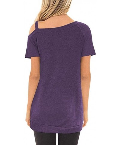 Womens Cold Shoulder Blouse Summer Short Sleeve Side Button Tunic Loose Top T-Shirts - Purple - C1197IA4OI7 $24.40 Thermal Un...