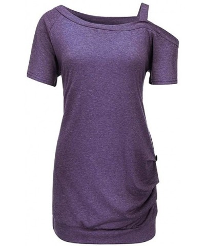 Womens Cold Shoulder Blouse Summer Short Sleeve Side Button Tunic Loose Top T-Shirts - Purple - C1197IA4OI7 $24.40 Thermal Un...