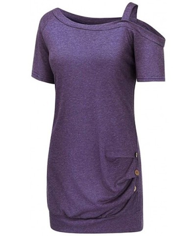 Womens Cold Shoulder Blouse Summer Short Sleeve Side Button Tunic Loose Top T-Shirts - Purple - C1197IA4OI7 $24.40 Thermal Un...