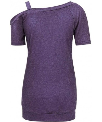 Womens Cold Shoulder Blouse Summer Short Sleeve Side Button Tunic Loose Top T-Shirts - Purple - C1197IA4OI7 $24.40 Thermal Un...