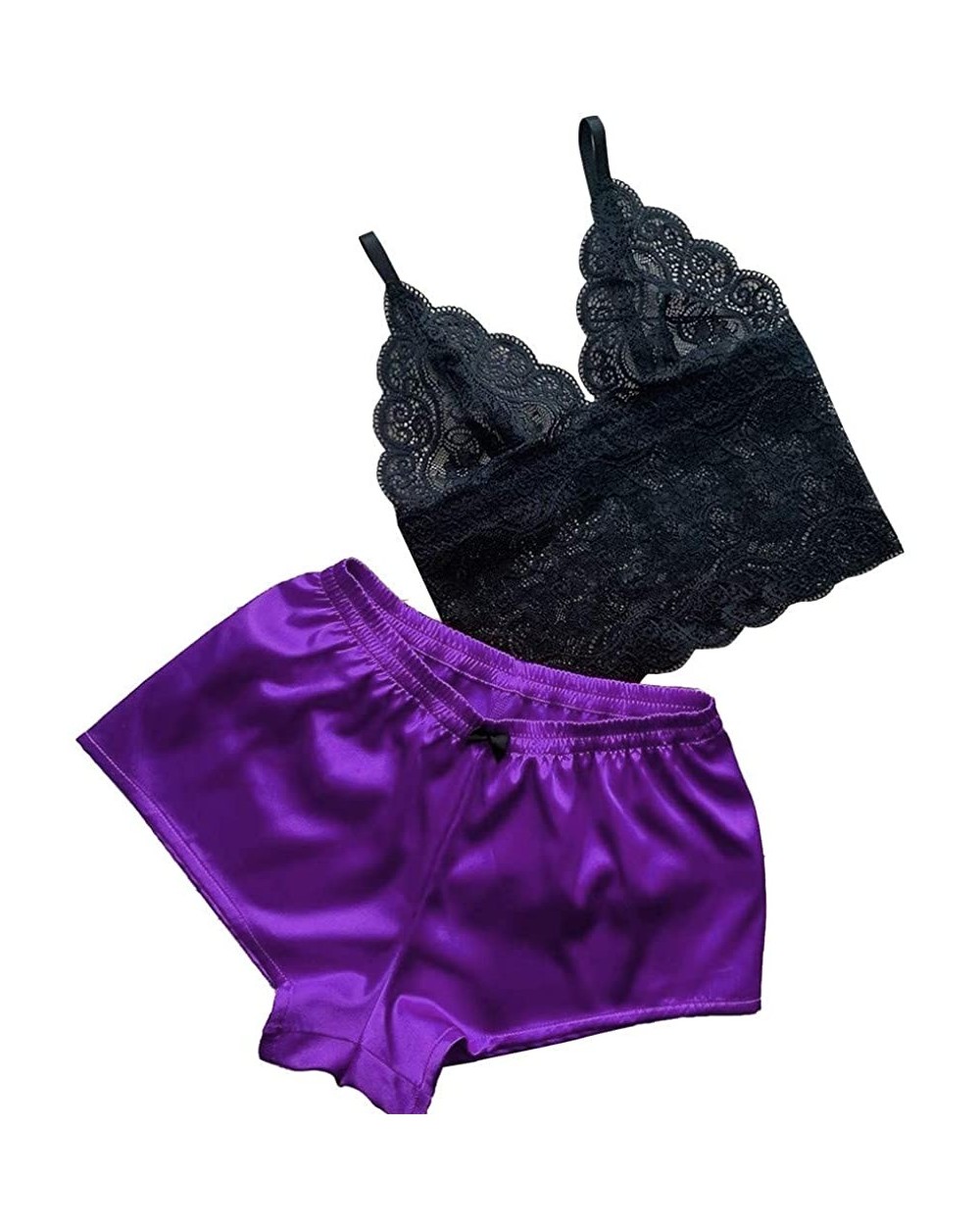 Sexy Lingerie for Women Plus Size Women Satin Lace V-Neck Camisole Bowknot Shorts Set Sleepwear Pajamas Lingerie - Purple - C...