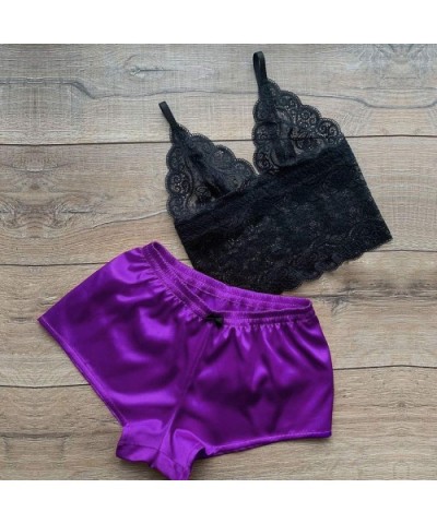 Sexy Lingerie for Women Plus Size Women Satin Lace V-Neck Camisole Bowknot Shorts Set Sleepwear Pajamas Lingerie - Purple - C...