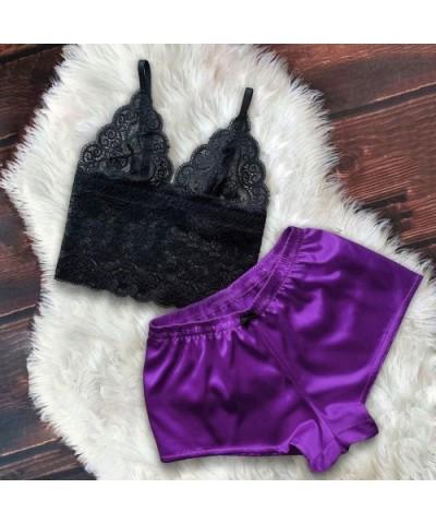 Sexy Lingerie for Women Plus Size Women Satin Lace V-Neck Camisole Bowknot Shorts Set Sleepwear Pajamas Lingerie - Purple - C...