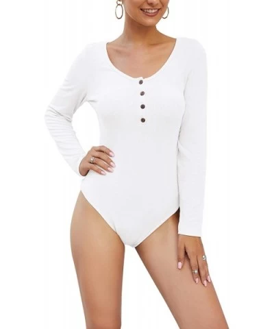 Womens Long Sleeve Bodysuit Scoop Neck Button Down Sexy Bodycon Clubwear Bodysuits Tops - White - CE18YM8H6OW $19.61 Shapewear