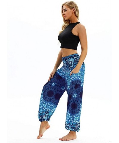 Sweatpants for Women with Pockets Comfy Casual Pajama Pants Printed Drawstring Palazzo Lounge Pants Wide Leg Z2 blue - CQ1999...