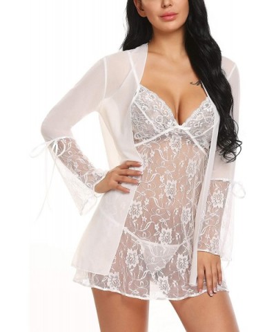 Women Lingerie Floral Lace Babydoll Coat Set Sexy Sleepwear Chemise Nightgown - Raw White Off White - CM18L0M2UOD $12.49 Baby...