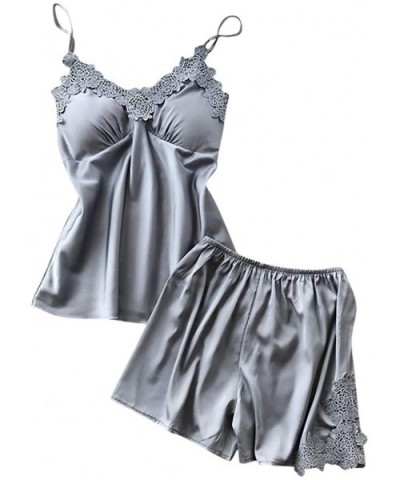 Womens Sleepwear Sets-Sexy Satin Sling Shorts and Lace Camisole Loose Thin Lingeries - Gray - CN18SDI8IMK $13.51 Shapewear