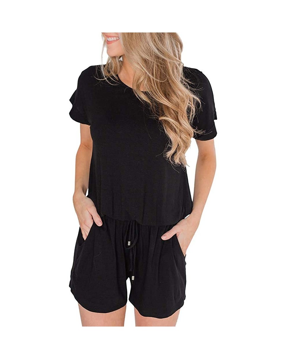 Womens Summer Playsuit Short Sleeve Striped Jumpsuit with Pockets Short Rompers - Black - CP18S82SOUO $22.88 Thermal Underwear