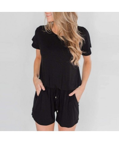 Womens Summer Playsuit Short Sleeve Striped Jumpsuit with Pockets Short Rompers - Black - CP18S82SOUO $22.88 Thermal Underwear