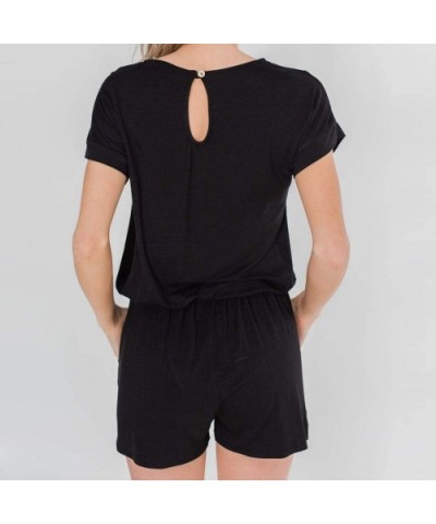 Womens Summer Playsuit Short Sleeve Striped Jumpsuit with Pockets Short Rompers - Black - CP18S82SOUO $22.88 Thermal Underwear