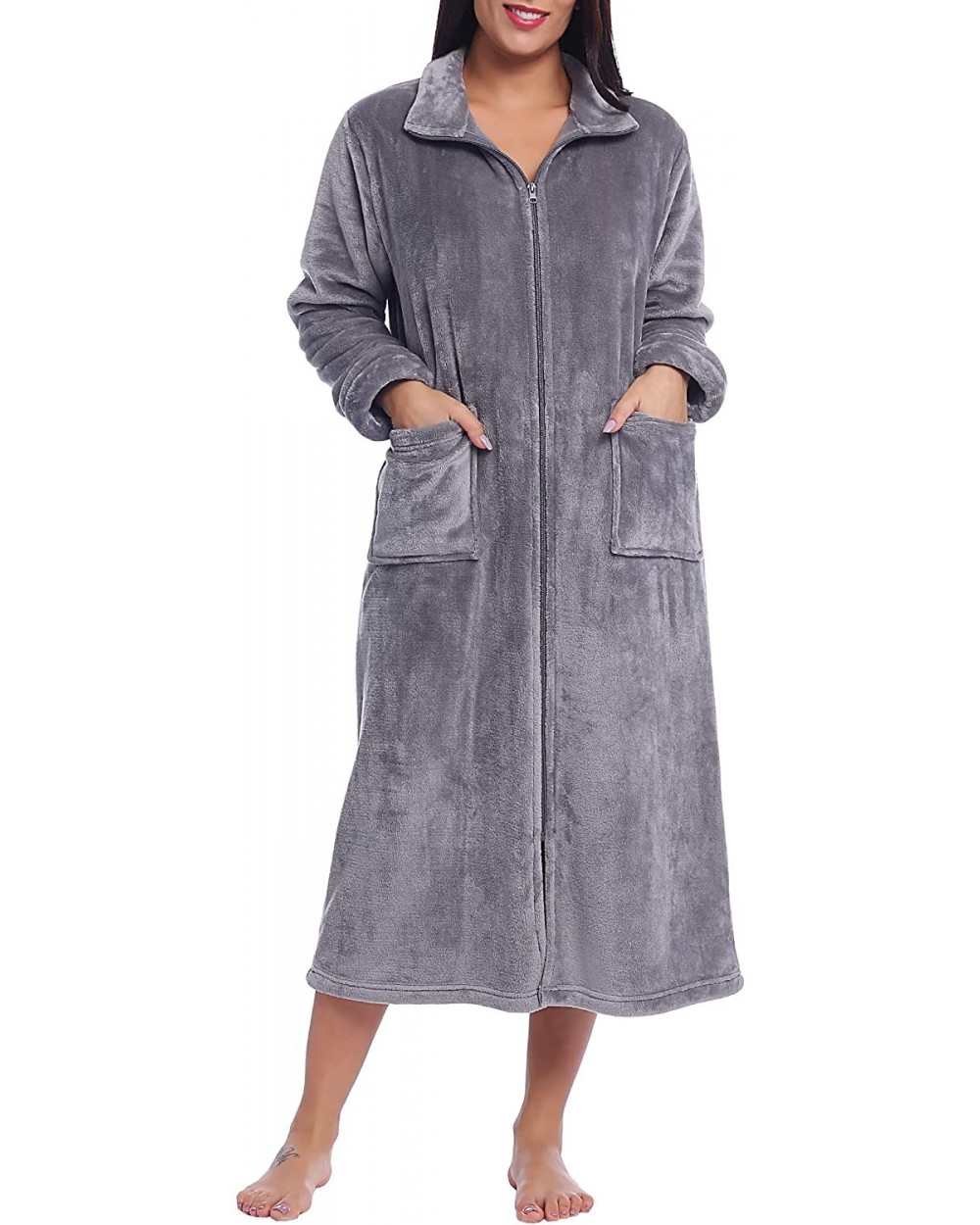 Womens Zip Up Fleece Robe Long Plush Bathrobe Soft Warm House Coat - Gray - C318Z66S6IU $63.77 Robes