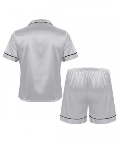 Mens Silky Satin Nightwear Pajamas Set Shirt Top with Elastic Waist Boxer Shorts - Silvery Grey - CY198SGYZ3G $41.63 Sleep Sets