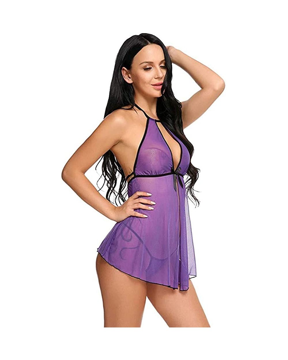 Lingerie for Women Front Closure Babydoll Lace Chemise V Neck Mesh Sleepwear - Purple - CX195SQMZTY $13.30 Baby Dolls & Chemises