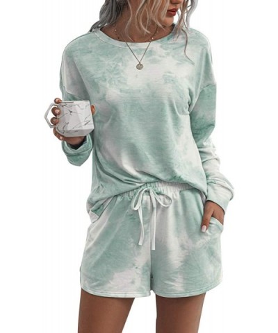 Women's Two Piece Pajamas Set Tie Dye Printed Long Sleeves T-Shirt and Short Pants PJ Sets Joggers Sleepwear Loungewear - Gre...