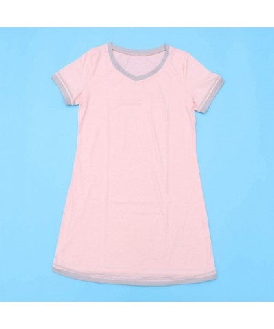 Loose Cotton Leisure Sleepwear Home Wear Round Collar Dress Short Sleeve Summer Homewear for Women Madam Lady Girl Pink - CK1...