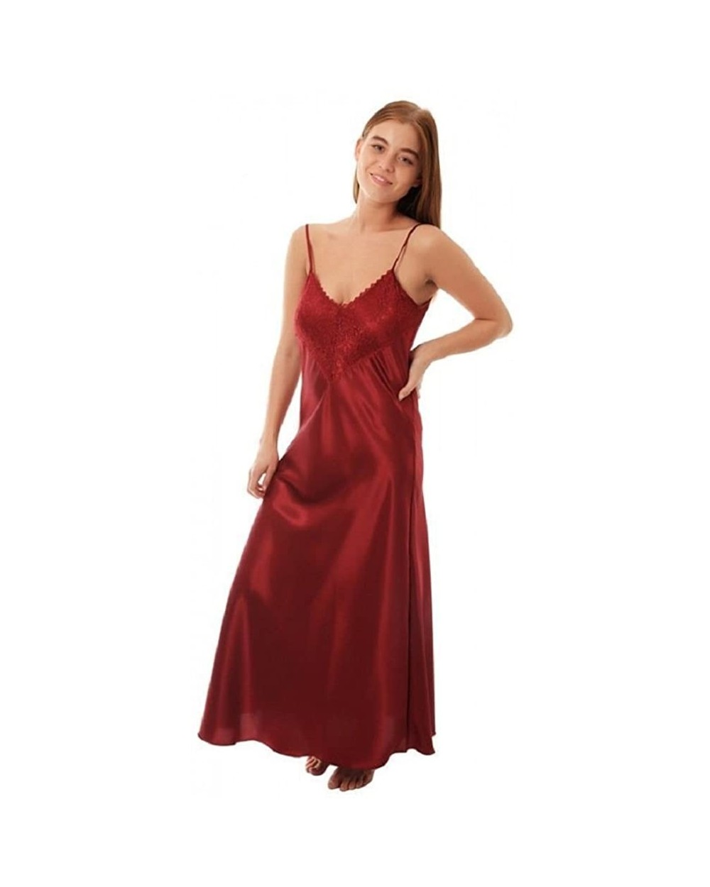 Womens Satin & Deep Lace Long Chemise Negligee Nightdress Nightie Size 10-28 N50 - Claret - C917YGXAR2T $35.78 Nightgowns & S...