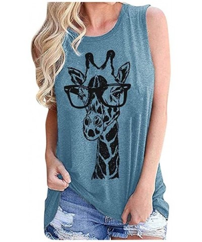 Women's Giraffe Printed T Shirt Funny Animal Graphic Tees Shirt Vintage Sleeveless Summer Tops Blouse - Blue - CS19DG2458H $2...