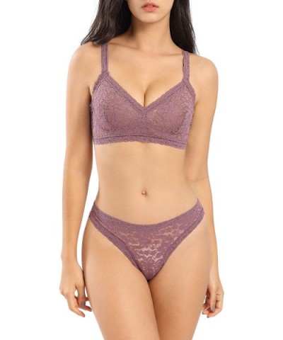 Lace Bra and Panty Set Bralette Set Wirefree Bra and Panty Sets Lace Lingerie Set for Women - Purple - CJ18QO5OX8Z $20.70 Bras