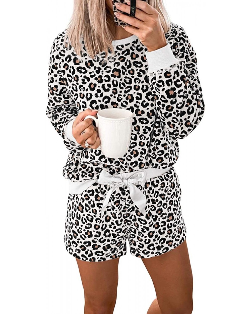 Womens Leopard Sleepwear Long Sleeve Shorts Pajamas Set Lounguewear - A-black - CU197X2WN33 $43.45 Sets