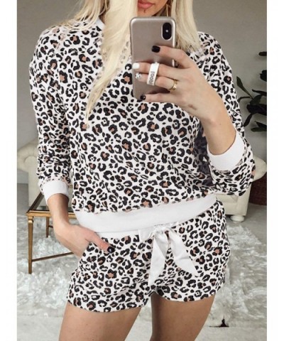 Womens Leopard Sleepwear Long Sleeve Shorts Pajamas Set Lounguewear - A-black - CU197X2WN33 $43.45 Sets