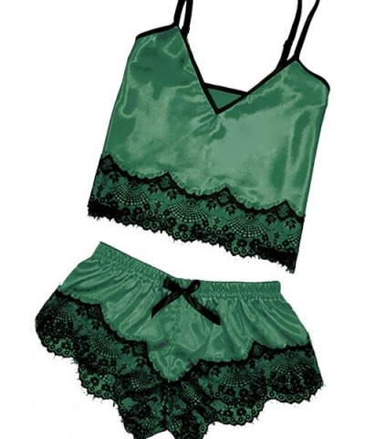 Women Sleepwear Sleeveless Strap Nightwear Lace Trim Satin Cami Top Pajama Sets - H-green - CC18UMYRQ0N $16.07 Thermal Underwear