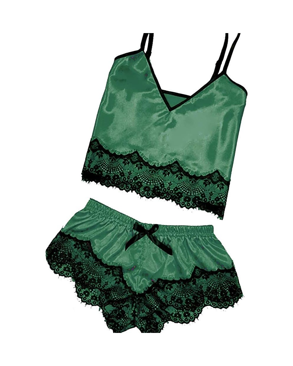 Women Sleepwear Sleeveless Strap Nightwear Lace Trim Satin Cami Top Pajama Sets - H-green - CC18UMYRQ0N $16.07 Thermal Underwear