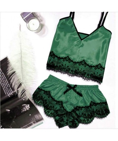 Women Sleepwear Sleeveless Strap Nightwear Lace Trim Satin Cami Top Pajama Sets - H-green - CC18UMYRQ0N $16.07 Thermal Underwear