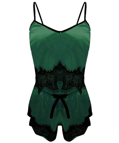 Women Sleepwear Sleeveless Strap Nightwear Lace Trim Satin Cami Top Pajama Sets - H-green - CC18UMYRQ0N $16.07 Thermal Underwear