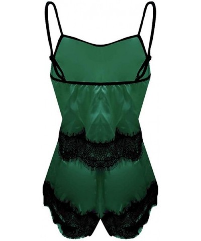 Women Sleepwear Sleeveless Strap Nightwear Lace Trim Satin Cami Top Pajama Sets - H-green - CC18UMYRQ0N $16.07 Thermal Underwear