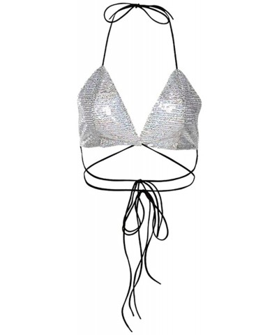 Women's Metallic Star Bralette Bra Strappy Wrap Around Crop Top Rave Dance Tops - Silver Sequin - CV194TR0E05 $23.89 Camisole...