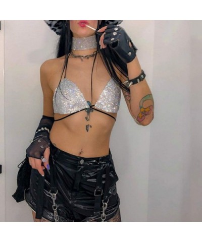 Women's Metallic Star Bralette Bra Strappy Wrap Around Crop Top Rave Dance Tops - Silver Sequin - CV194TR0E05 $23.89 Camisole...