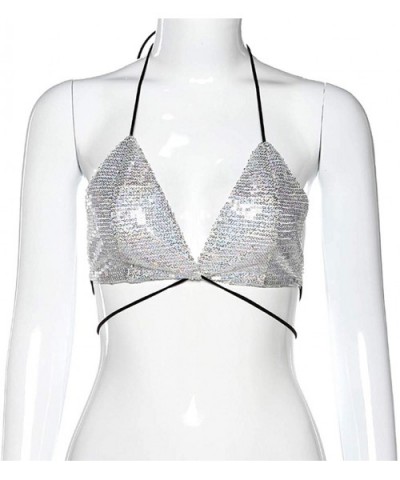 Women's Metallic Star Bralette Bra Strappy Wrap Around Crop Top Rave Dance Tops - Silver Sequin - CV194TR0E05 $23.89 Camisole...