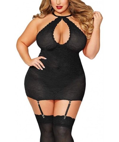 Women Sexy Halter Lingerie Plus Size Lace Bodysuit Chemise Nightdress with Garters - Black - CA199XDCR6H $28.21 Accessories