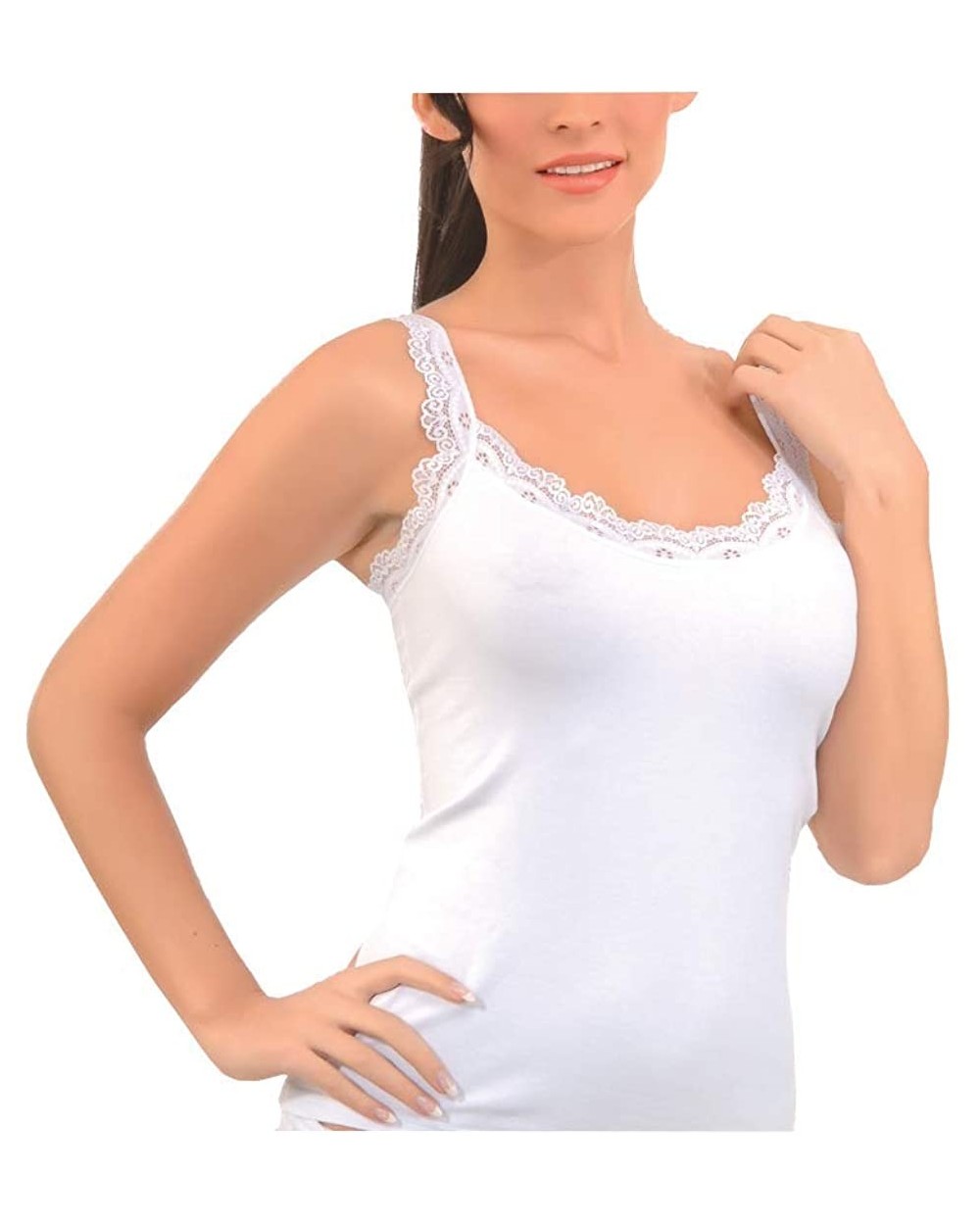 Women's Sexy Ultra Soft Camisole With Lace Trim Cotton Blend Basic Tank Top - White - CE18MCQHDYZ $17.27 Camisoles & Tanks