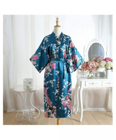 V Neck Nightwear Casual Wedding Party Robe Print Women Kimono Gown Sleepwear Satin Long Bathrobe Home Pajamas Blue C - C0194S...