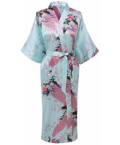 V Neck Nightwear Casual Wedding Party Robe Print Women Kimono Gown Sleepwear Satin Long Bathrobe Home Pajamas Blue C - C0194S...