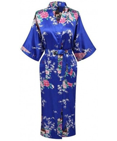 V Neck Nightwear Casual Wedding Party Robe Print Women Kimono Gown Sleepwear Satin Long Bathrobe Home Pajamas Blue C - C0194S...