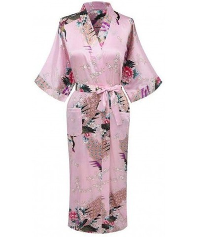 V Neck Nightwear Casual Wedding Party Robe Print Women Kimono Gown Sleepwear Satin Long Bathrobe Home Pajamas Blue C - C0194S...