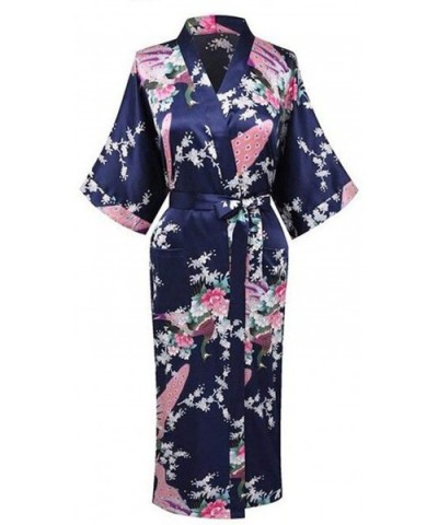 V Neck Nightwear Casual Wedding Party Robe Print Women Kimono Gown Sleepwear Satin Long Bathrobe Home Pajamas Blue C - C0194S...