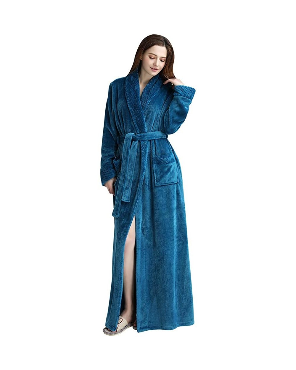 Men Women Robe Fleece Spa Robe Thicken Velvet Bathrobe Winter Warm Soft Plush Sleepwear Robe Homewear Shawl Blue - CA19389G0O...