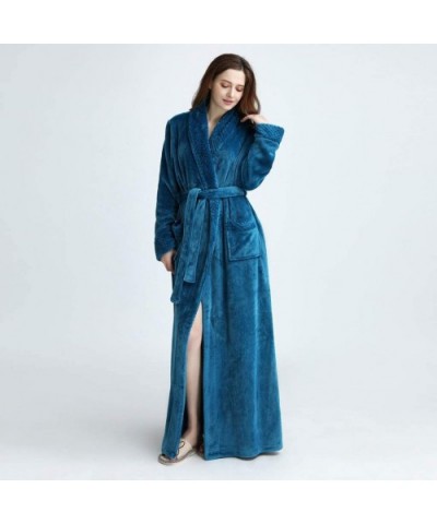 Men Women Robe Fleece Spa Robe Thicken Velvet Bathrobe Winter Warm Soft Plush Sleepwear Robe Homewear Shawl Blue - CA19389G0O...