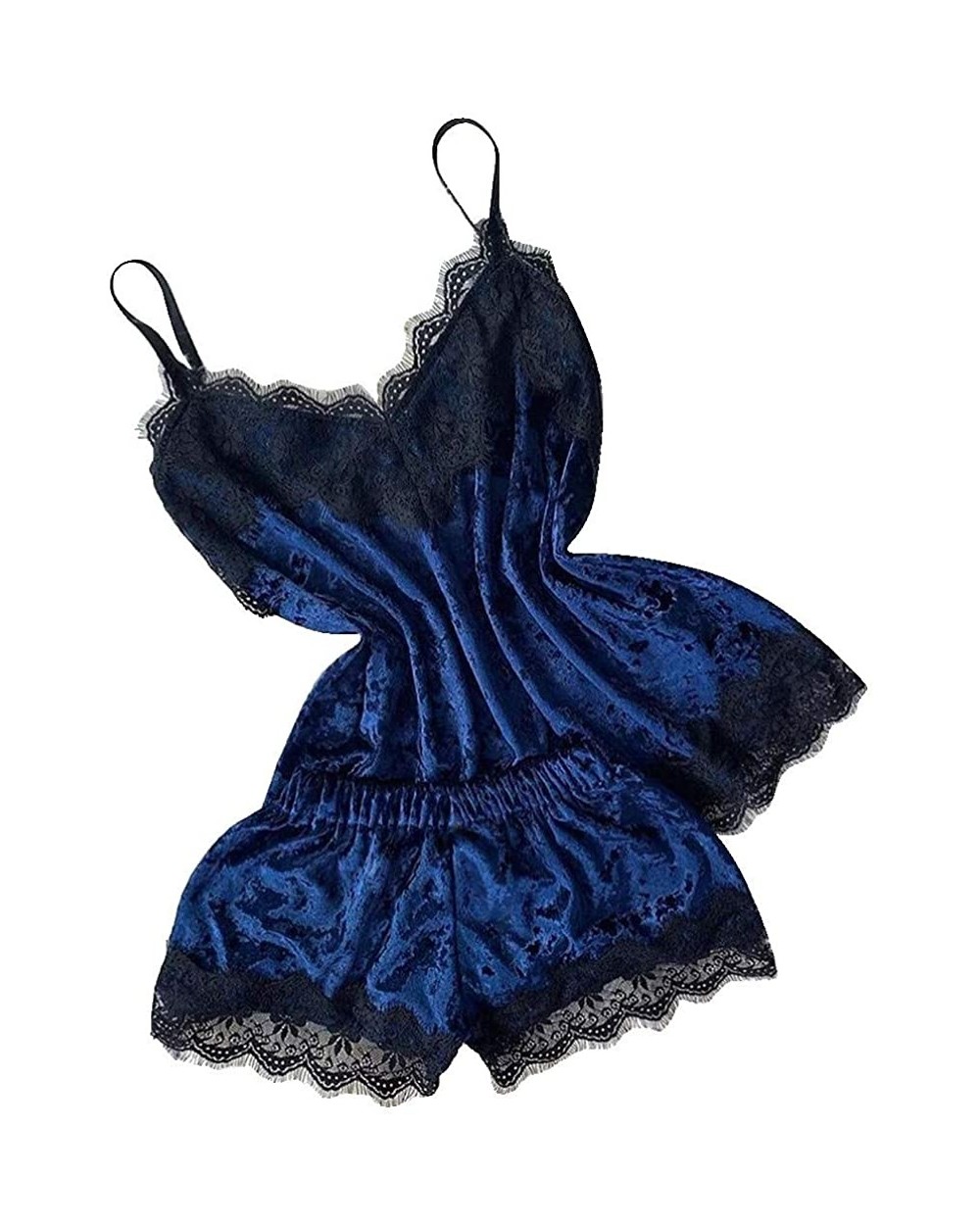 New Women Sexy Lingerie Camisole Bow Shorts V Neck Tops Velvet Pajamas Sleepwear Short Set Lingerie Nightwear Blue - CM194MZS...