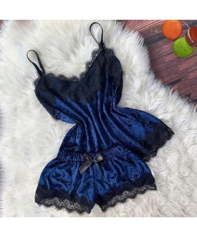 New Women Sexy Lingerie Camisole Bow Shorts V Neck Tops Velvet Pajamas Sleepwear Short Set Lingerie Nightwear Blue - CM194MZS...